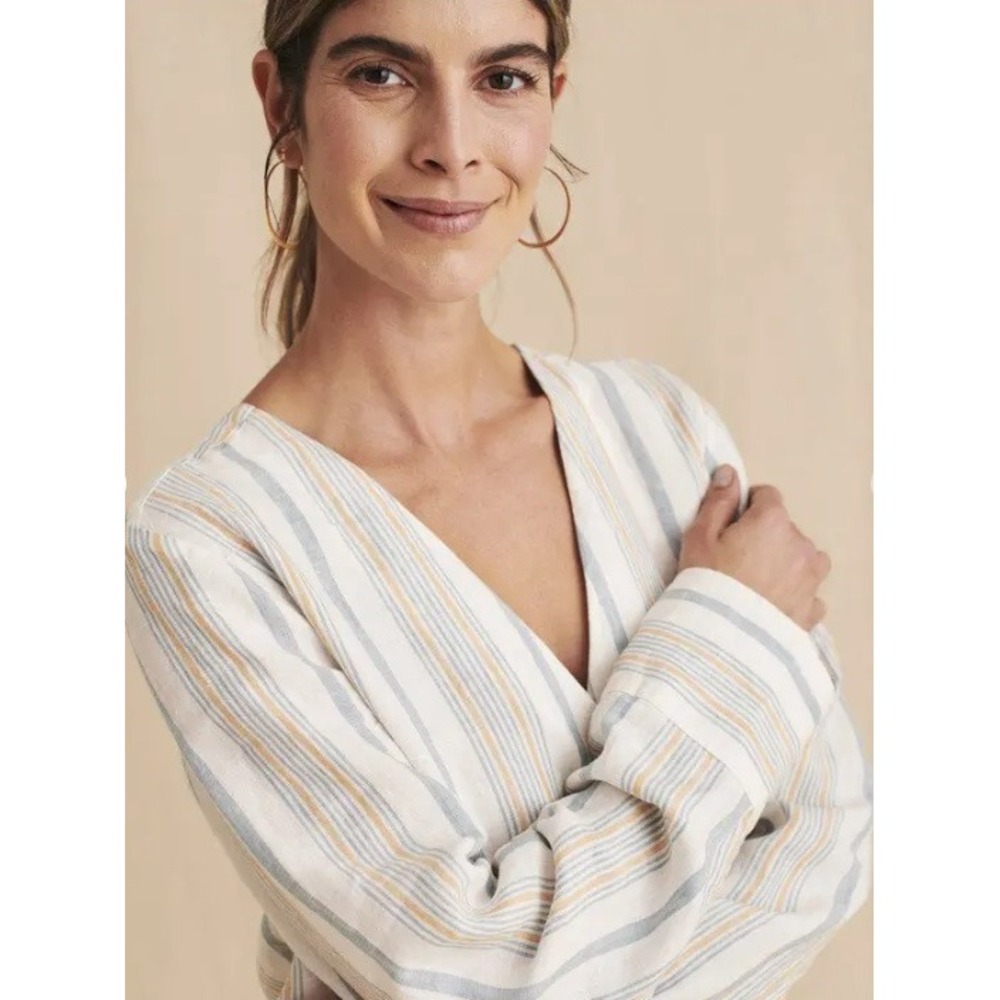 Faherty Tunic Dress Women Small Multi Striped Beach Days Rialto Vneck 100% Linen - Picture 3 of 12